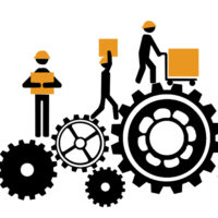 Industrial workers on gears illustration